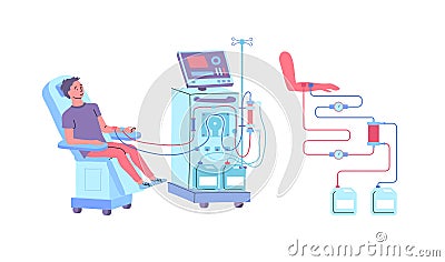 Cartoon Character Boy and Hemodialysis Renal Scheme Concept. Vector Vector Illustration