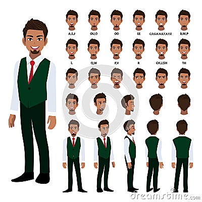 Cartoon character with business man in smart shirt and waistcoat for animation. Front, side, back, 3-4 view character. Separate Vector Illustration