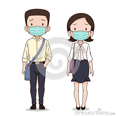 Cartoon business man and woman wearing hygienic mask. Vector Illustration