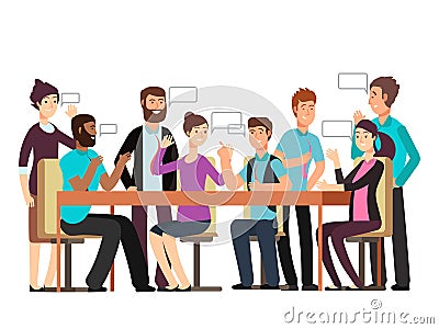 Cartoon character business team have conversation. Woman and man at morning meeting Vector Illustration