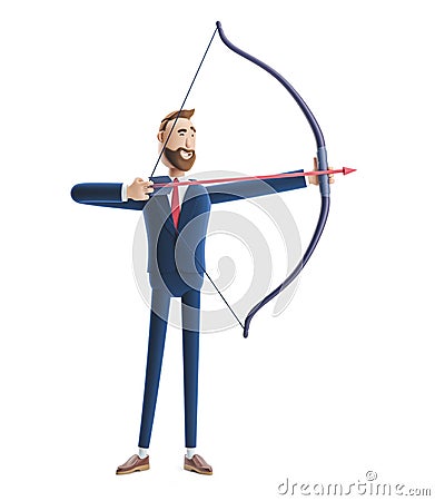 3d illustration. Handsome beard businessman Billy aiming with bow and arrow Cartoon Illustration