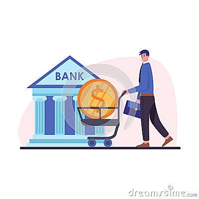 Cartoon character of businessman making money investment in bank Vector Illustration