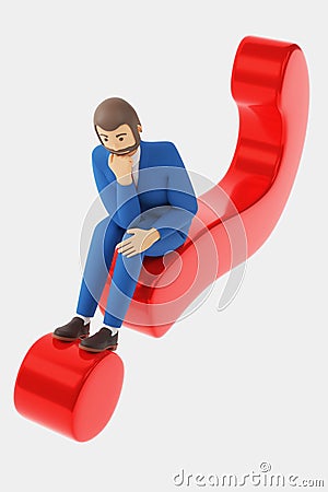 Cartoon character businessman sits on a question mark in thought. 3d rendering Stock Photo