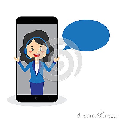 Cartoon Character Call Center Service Wearing Headset Smartphone Screen Vector Illustration