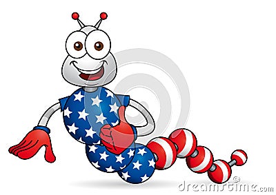 Cartoon character. Caricature of worm with hands formed by spheres with the colors of the flag of USA Vector Illustration