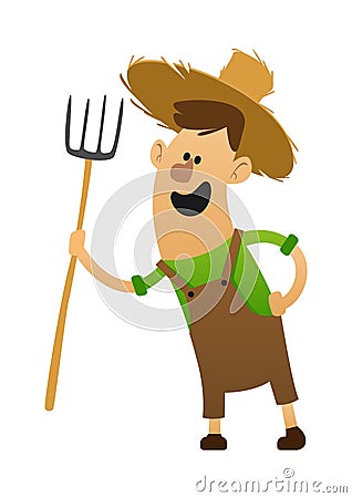 Cartoon character cheerful farmer with a pitchfork Vector Illustration