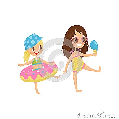 Cute little kid with rubber swimming ring. Funny girl with ice-cream in hand. Summer recreation. Flat vector design Vector Illustration