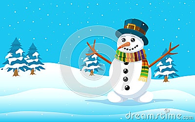 Cartoon Character Christmas Snowman Snowy Hills Vector Illustration