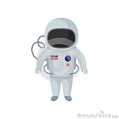 Cartoon character of cosmonaut. Astronaut in spacesuit. Flat vector element for postcard, mobile game or children book Vector Illustration