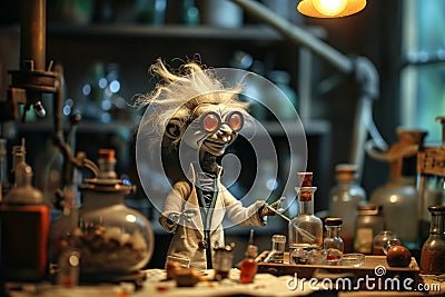 Cartoon character of a crazy professor in a lab coat holding a pipette and conducting chemical or biological experiments Stock Photo