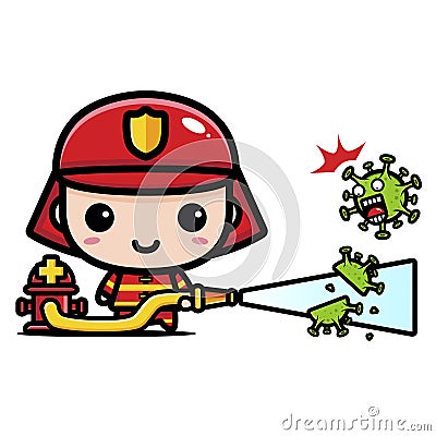 cartoon character of cute firefighter fighting virus Vector Illustration