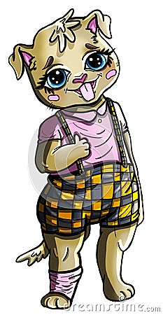 Cartoon character, cute naughty puppy with small ears and big adorable eyes, with smile and protruding tongue, in plaid shorts wit Stock Photo