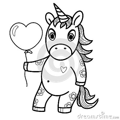 Cartoon character, cute unicorn with a heart and a balloon, monochrome illustration Cartoon Illustration