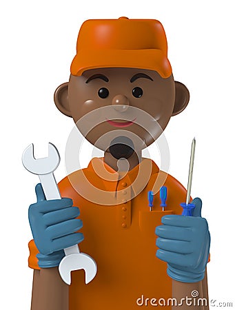 Cartoon character 3d avatar smiling black professional mechanic worker Stock Photo