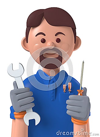 Cartoon character 3d avatar smiling caucasian professional mechanic worker Stock Photo