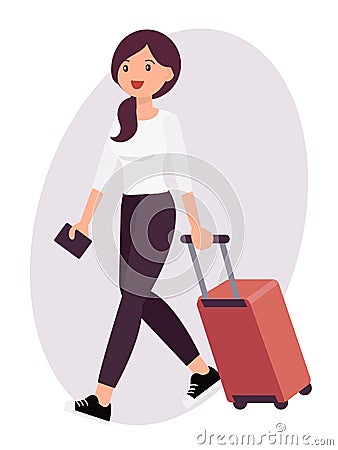 Cartoon character design female travel with luggage and passport Vector Illustration