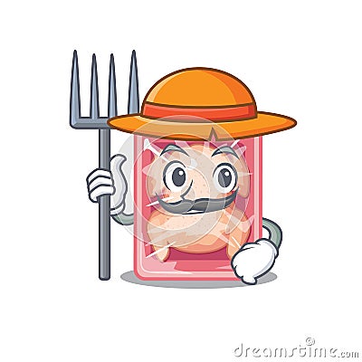 Cartoon character design of frozen chicken as a Farmer with hat and pitchfork Vector Illustration