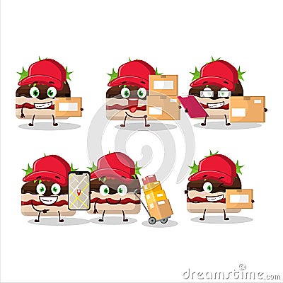 Cartoon character design of slice of pudding cake christmas working as a courier Vector Illustration