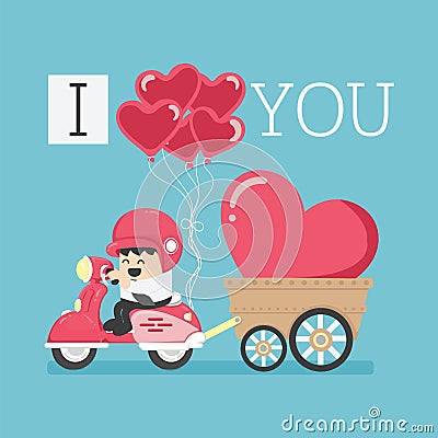 Cartoon character that is driving a motorcycle with a large heart symbol with the message I love you Vector Illustration