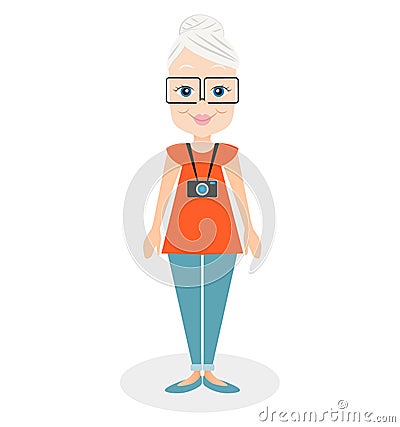 Cartoon character elderly woman, a girl aged. Grandmother smiling washes a plate Vector Illustration