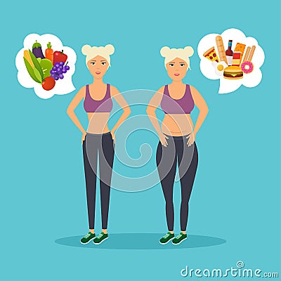 Cartoon character of fat woman and lean girl. Diet. Choice of gi Vector Illustration