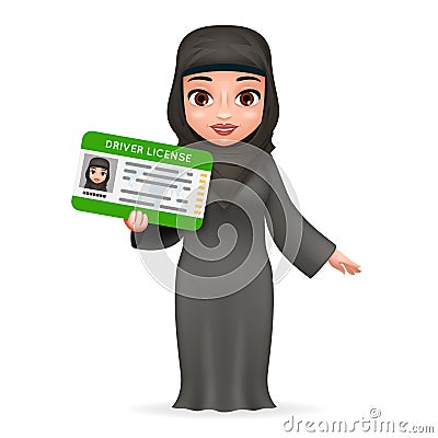 Cartoon character female arab car driver license woman traditional national muslim clothes retro 3d design vector Vector Illustration