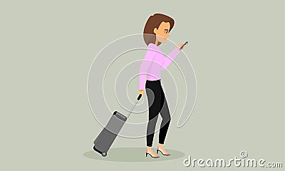 Cartoon character female travel with luggage and passport on the way to airport Vector Illustration