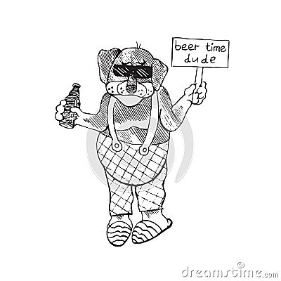 Cartoon character of funky dog clothed in overalls and slippers in sunglasses holding beer bottle and banner beer time dude Vector Illustration