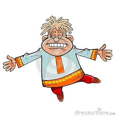 Cartoon character funny man in Russian national dress dancing Vector Illustration