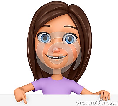 Cartoon character girl points to a blank board on a white background. 3d rendering. Illustration for advertising Stock Photo