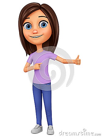 Cartoon character girl points to the thumb up. 3d rendering. Illustration for advertising Stock Photo