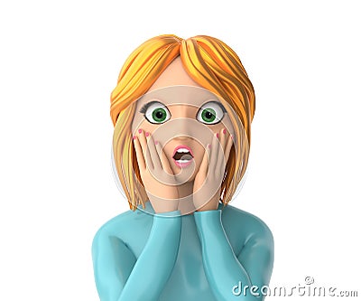 Cartoon character girl with a surprised face and open mouth close-up on a white background. Isolate of a red - haired woman. 3D Stock Photo