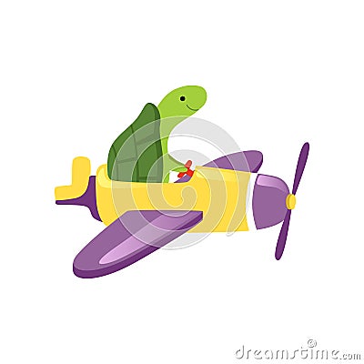 Green turtle flying on yellow plane with purple wings and propeller. Funny pilot of airplane. Flat vector design for Vector Illustration