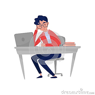 Guy sitting at table with laptop and books. Work at distance. Man working at home or office. Profession of graphic Vector Illustration