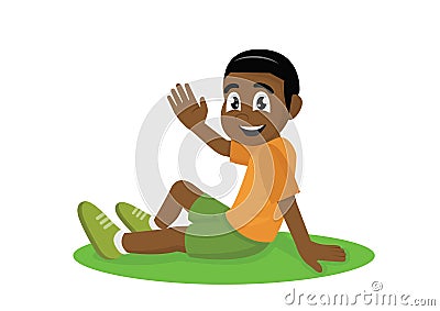 Cartoon character, Happiness African boy sitting on the grass. Vector Illustration