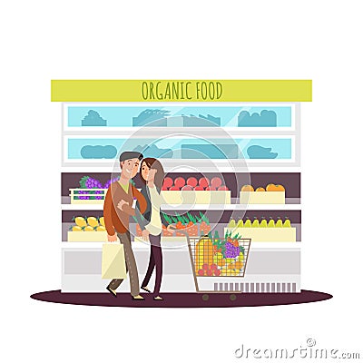 Cartoon character happy couple buy organic fruits and greens. Vegetarian people and food store Vector Illustration