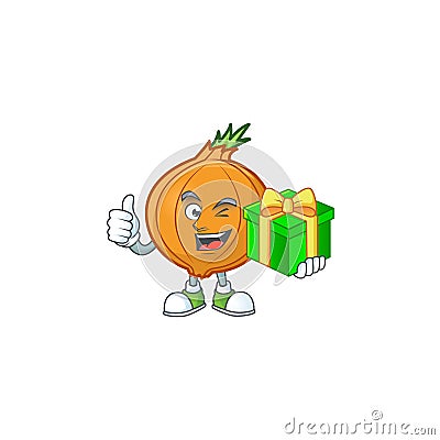 Cartoon character of happy shallot with gift box Vector Illustration