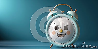 cartoon character happy smiling alarm clock on blue isolated background Stock Photo
