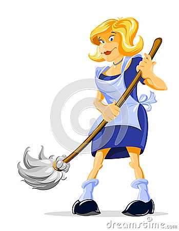 Cartoon character housemaid with broom Vector Illustration