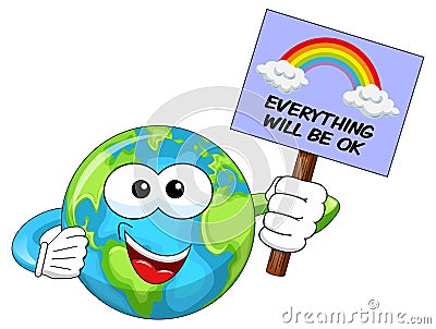 Cartoon character human earth holding banner with hope message rainbow against crisis period vector illustration isolated Vector Illustration