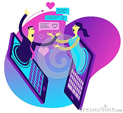 Cartoon character illustration for web design, presentation, infographic, landing page: IT, Internet, online dating, virtual love, Vector Illustration