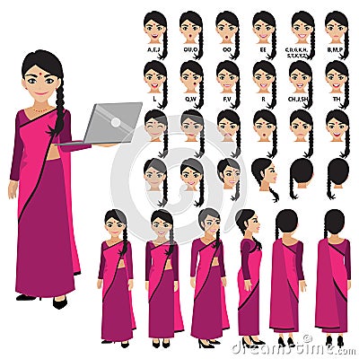 Cartoon character with Indian business woman in sari dress for animation. Front, side, back, 3-4 view character. Separate parts of Vector Illustration