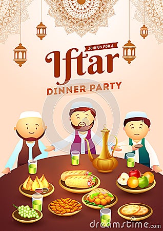 Cartoon character of islamic men enjoying delicious food and decoration of illuminated lantern, Iftar Dinner Party. Stock Photo
