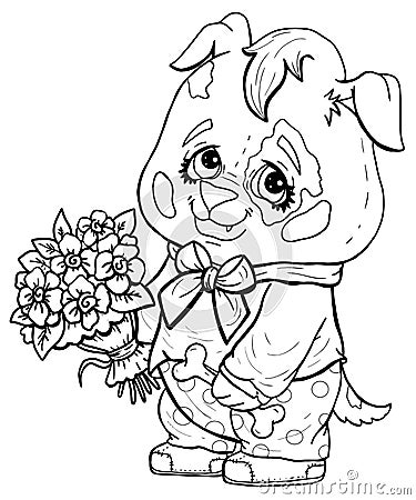 Cartoon character little romantic charming doggy with big eyes and round head in sneakers Vector Illustration