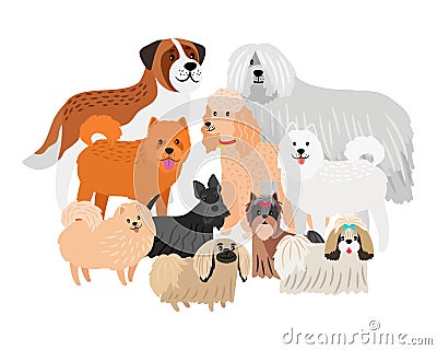 Cartoon character loing hair big and small dogs. Vector pets isolated on white background Vector Illustration