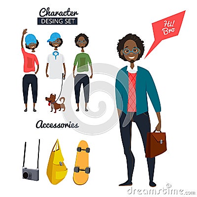 Cartoon character of male hipster in casual style clothes. Different specific details and objects Vector Illustration