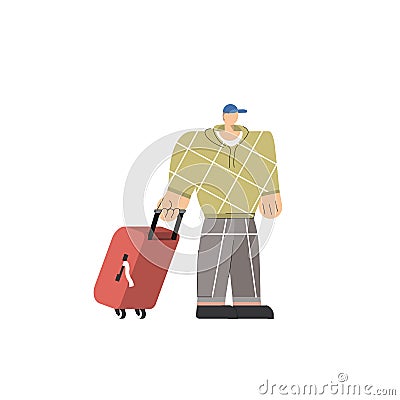 Cartoon character man with luggage waiting queue up for boarding airplane or check in at the airport terminal Vector Illustration