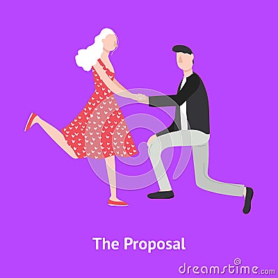 Cartoon Character Man Proposing Woman to Marry Card. Vector Vector Illustration