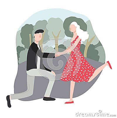 Cartoon Character Man Proposing Woman to Marry. Vector Vector Illustration