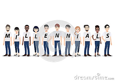 Cartoon character with Millennial generation people group. Young men and women standing together vector Vector Illustration